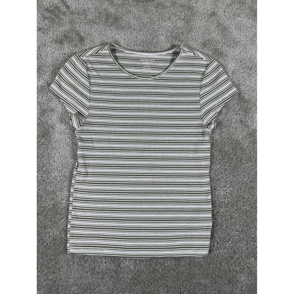 American Eagle Outfitters Womens Ribbed Striped T-Shirt Olive Green White Medium